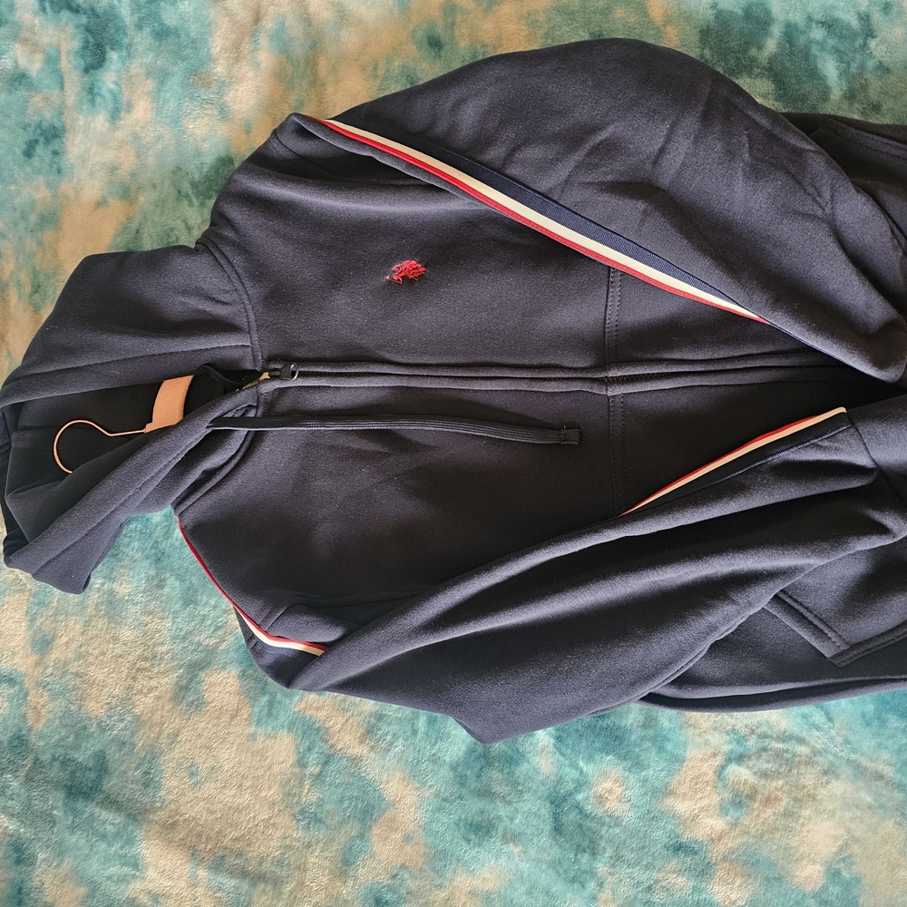 Navy Blue Hoodie with Red Accents